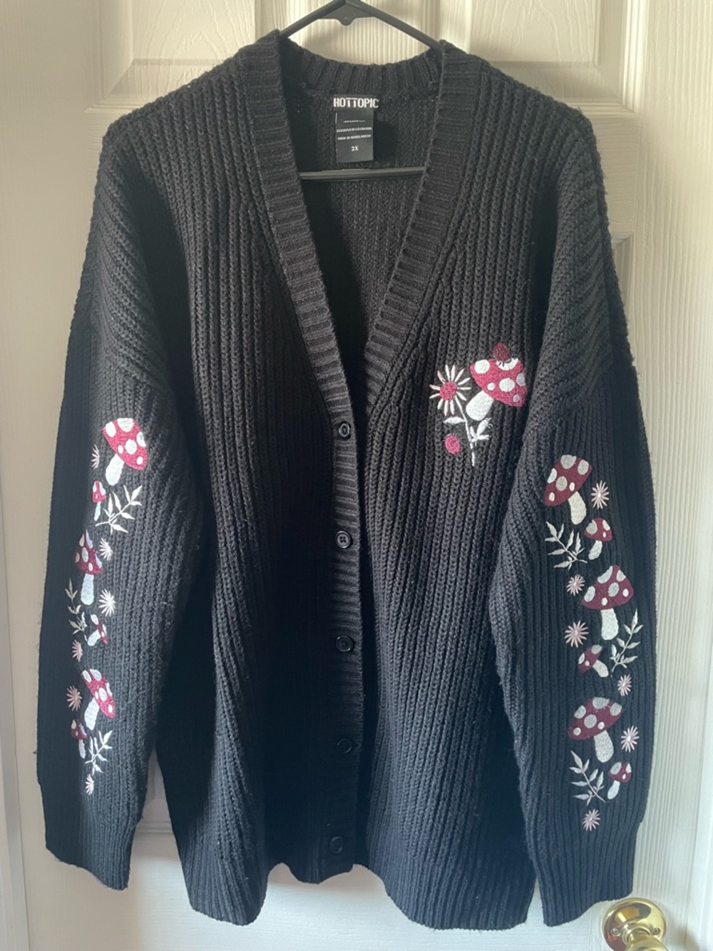 Hot Topic Black Cardigan with Red & White Mushroom Embroidery